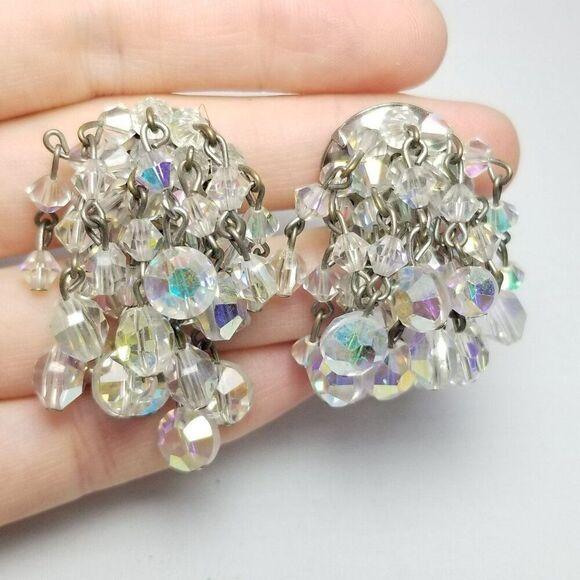 Vintage Hobe Beaded Clear Glass AB Fringe Dangle Clip On Earrings, Signed - Picture 1 of 7